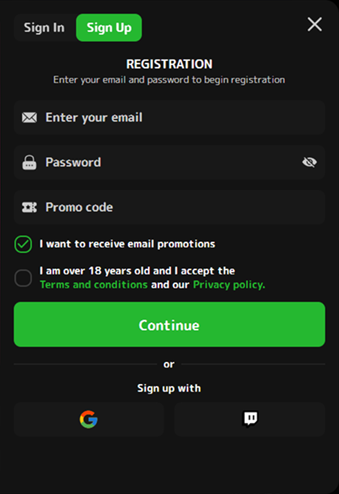 registration Registration email password promo code age confirmation