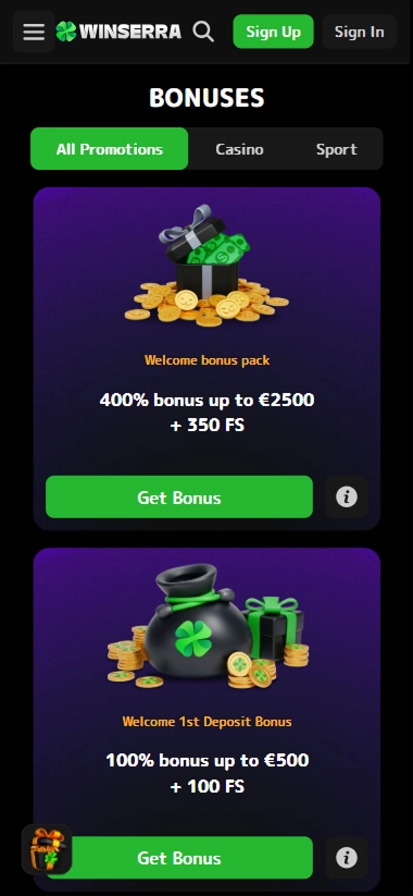 Winserra mobile bonuses page 400% €2500