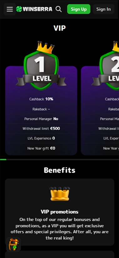 screen-3 Winserra VIP levels mobile page benefits