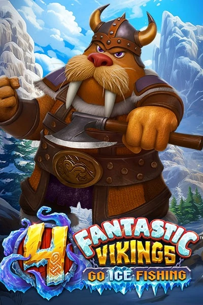 4 Fantastic Vikings walrus mascot with axe in mountains