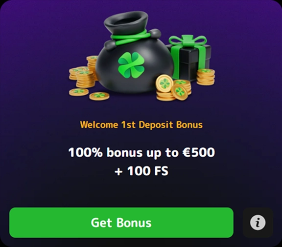 Welcome 1st Deposit 100% up to €500, 100 free spins